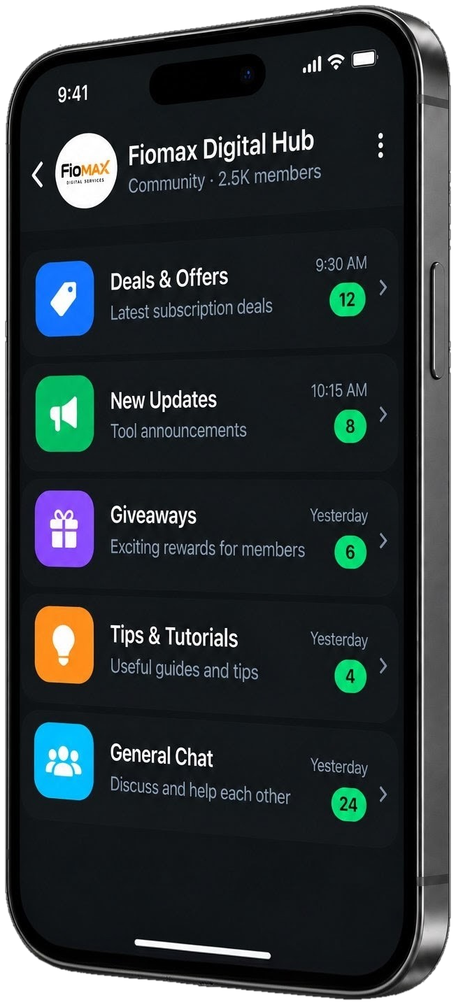 Fiomax Digital Hub WhatsApp community shown on an iPhone